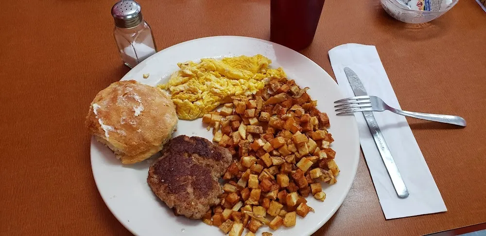 Scrambled Eggs Fresh Sausage Biscuit and Marie's Hashbrowns